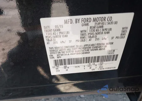 2015 Ford Edge Sel from USA, damaged, VIN 2FMTK4J80FBB36960